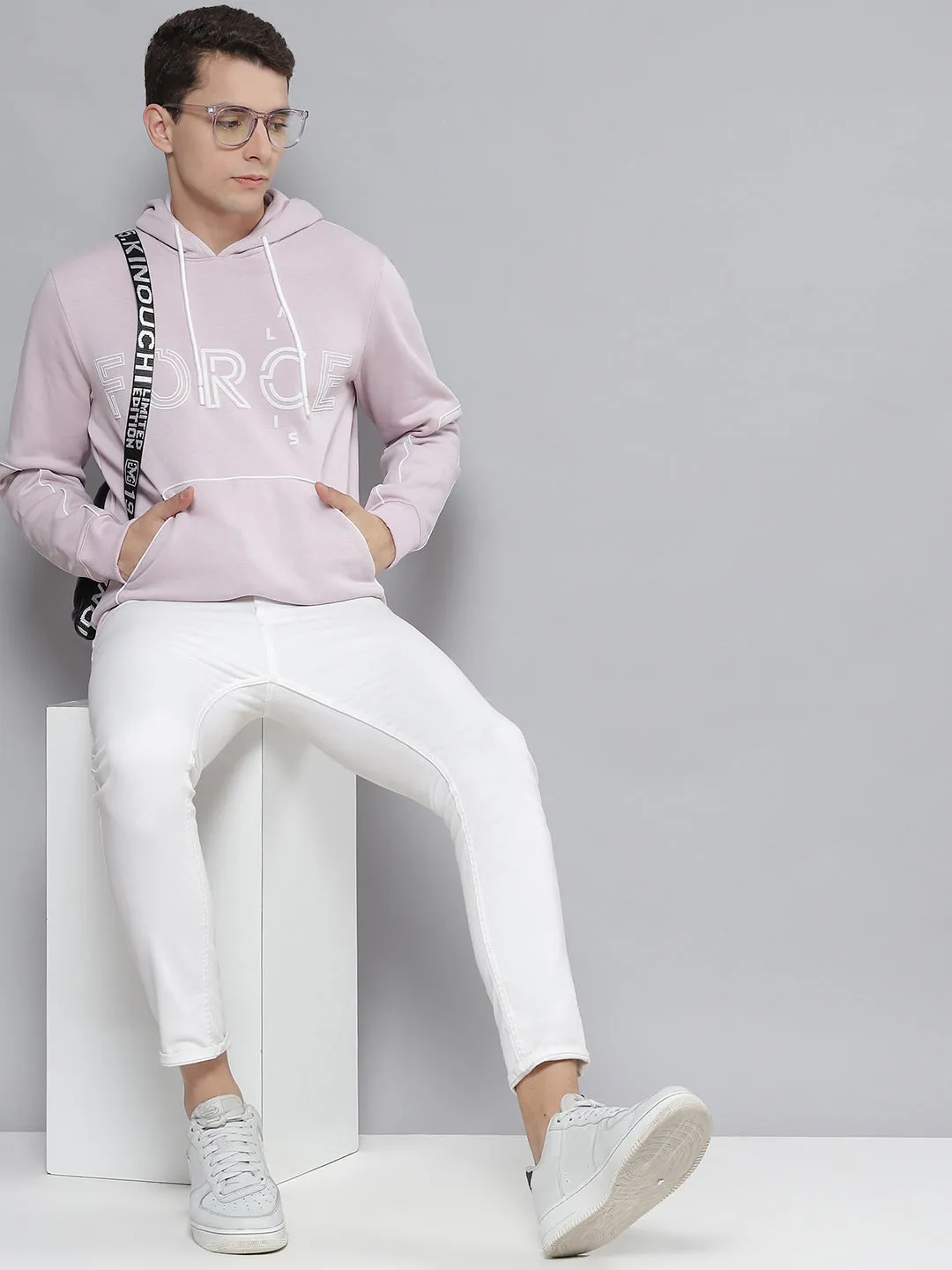 Alcis Men Lavender & White Printed Hooded Sweatshirt