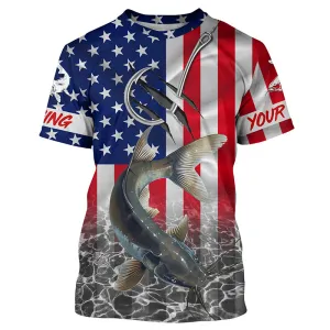 American Flag Catfish Fish hook Custom performance fishing T-shirt, Catfish fishing jerseys NQS5535