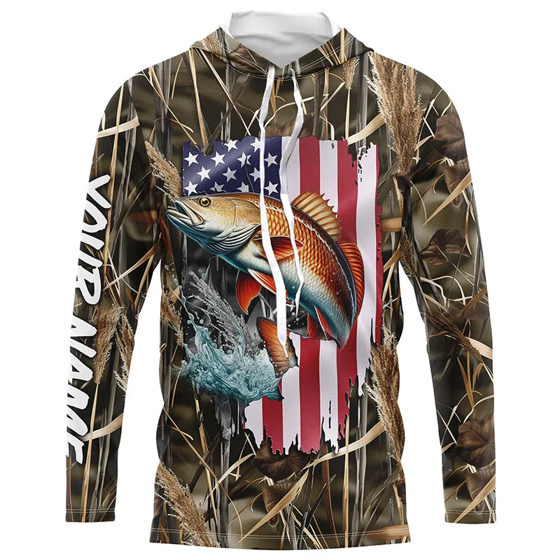 American flag Redfish fishing camo Customize Name long sleeves fishing shirt for men NPQ85