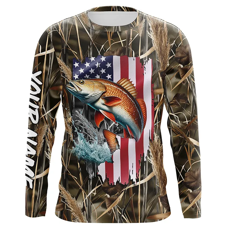 American flag Redfish fishing camo Customize Name long sleeves fishing shirt for men NPQ85