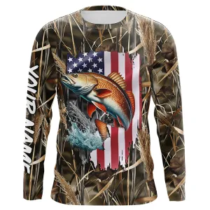 American flag Redfish fishing camo Customize Name long sleeves fishing shirt for men NPQ85