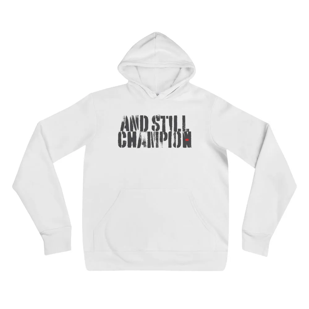 And Still Champion stencil-like dark lettering women's pull-over hoodie