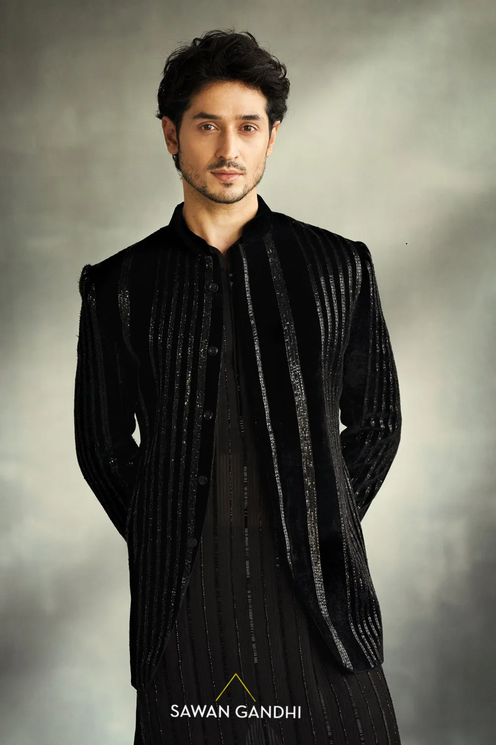 Black Velvet Sequin Stripe Bandhgala