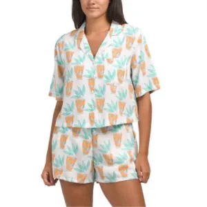Bouffants &amp; Broken Hearts L White Teal Orange Lemonade Print PJ Short Set