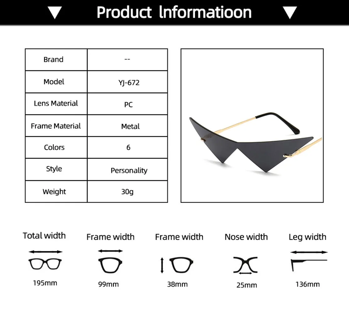 Cat Eye Rimless Triangle Sunglasses with UV400 Protection