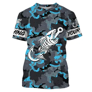 Fish hook skull blue Camo fish reaper Custom name fishing jerseys | Tshirt - NPQ839