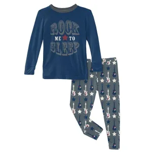 KicKee Pants Long Sleeve Graphic Tee Pajama Set (Slate Guitars & Stars)