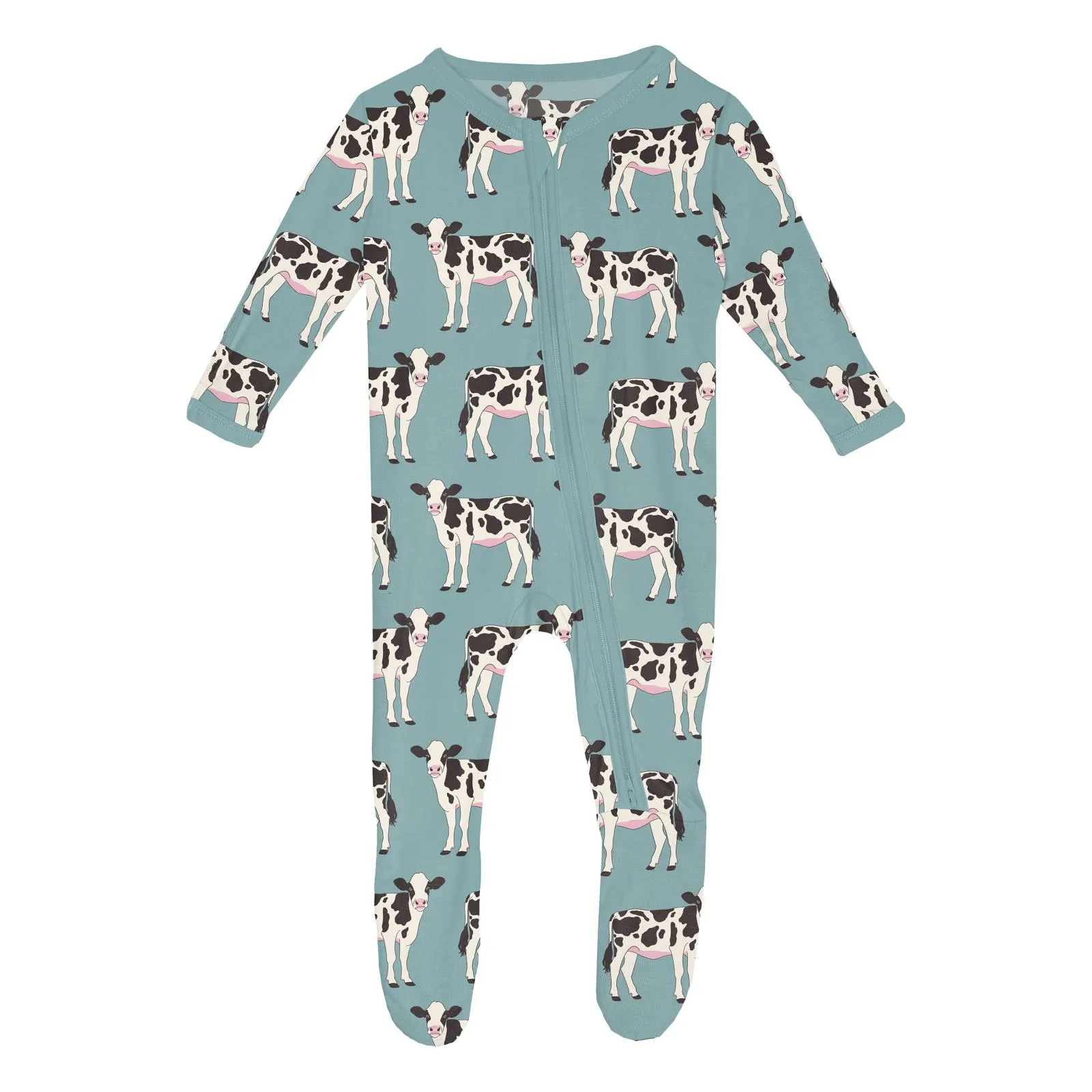 Kickee Pants Print Classic Footie with 2 Way Zipper- Jade Cows