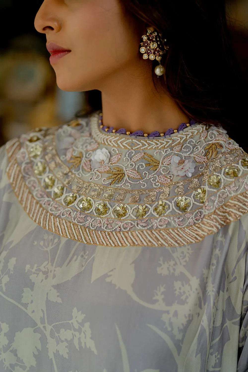 Lilac Hand Embroidered Kaftan Set