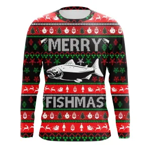 Merry Fishmas funny ugly Christmas salmon fishing shirt UV protection long sleeves UPF 30  Christmas gift NQS2350