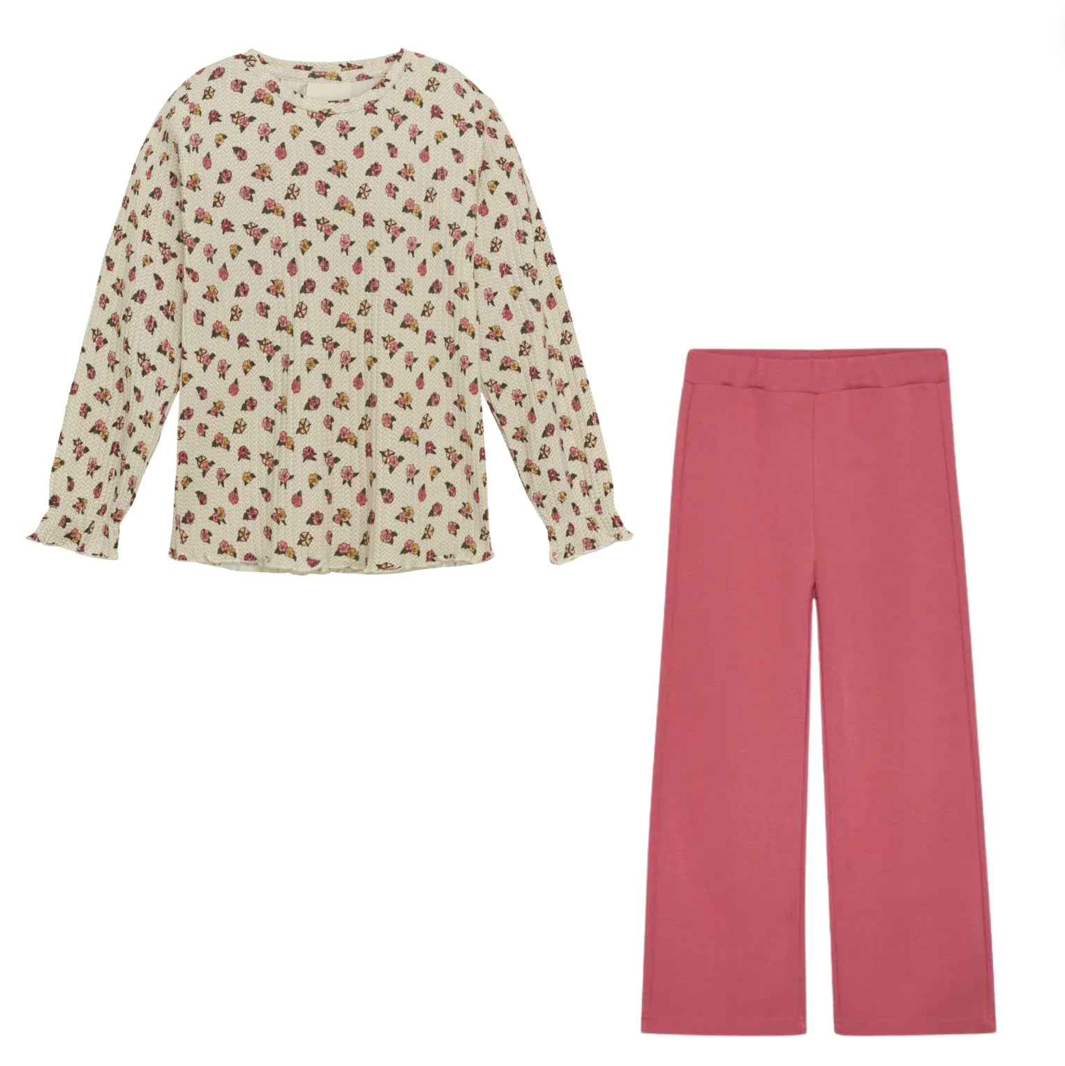 Minymo Eggnog Petite Floral Long Sleeve Rib Shirt