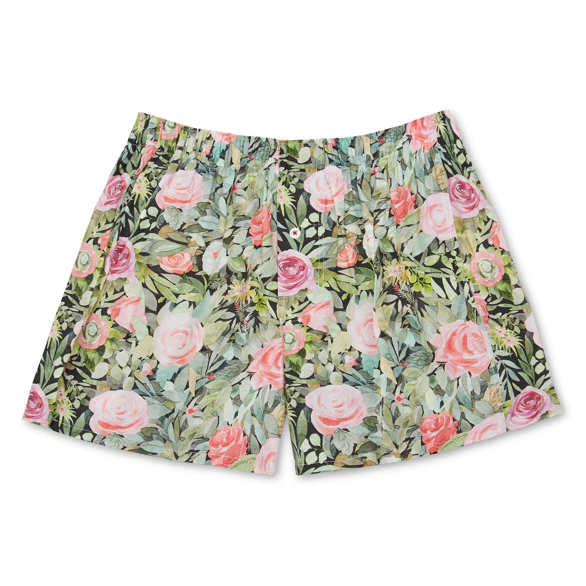 Organic Cotton Watercolor Roses Boxer Shorts - Black