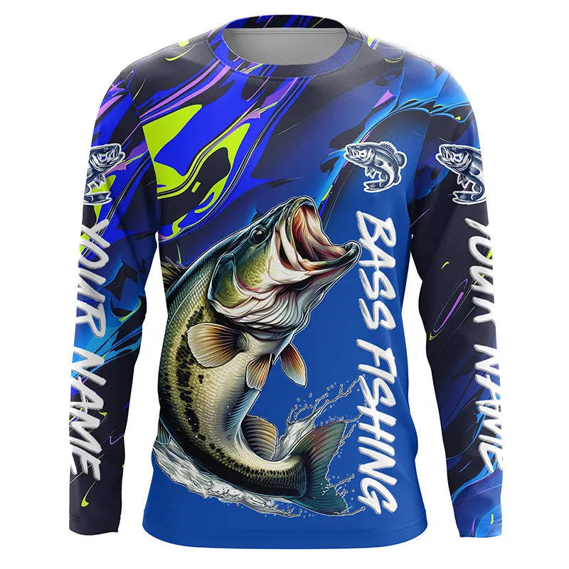 Personalized Largemouth Bass Long Sleeve Tournament Fishing Shirts, Water Camo Bass Fishing Jerseys IPHW6094