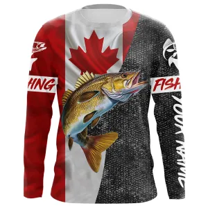 Personalized Walleye Fishing Jerseys, Custom Canadian flag Walleye Long sleeve, Long Sleeve Hooded NQS4897
