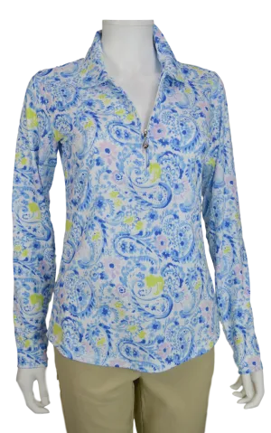 SanSoleil SolTek Print Zip Mock. 900610 Savannah Blue | SPF 50
