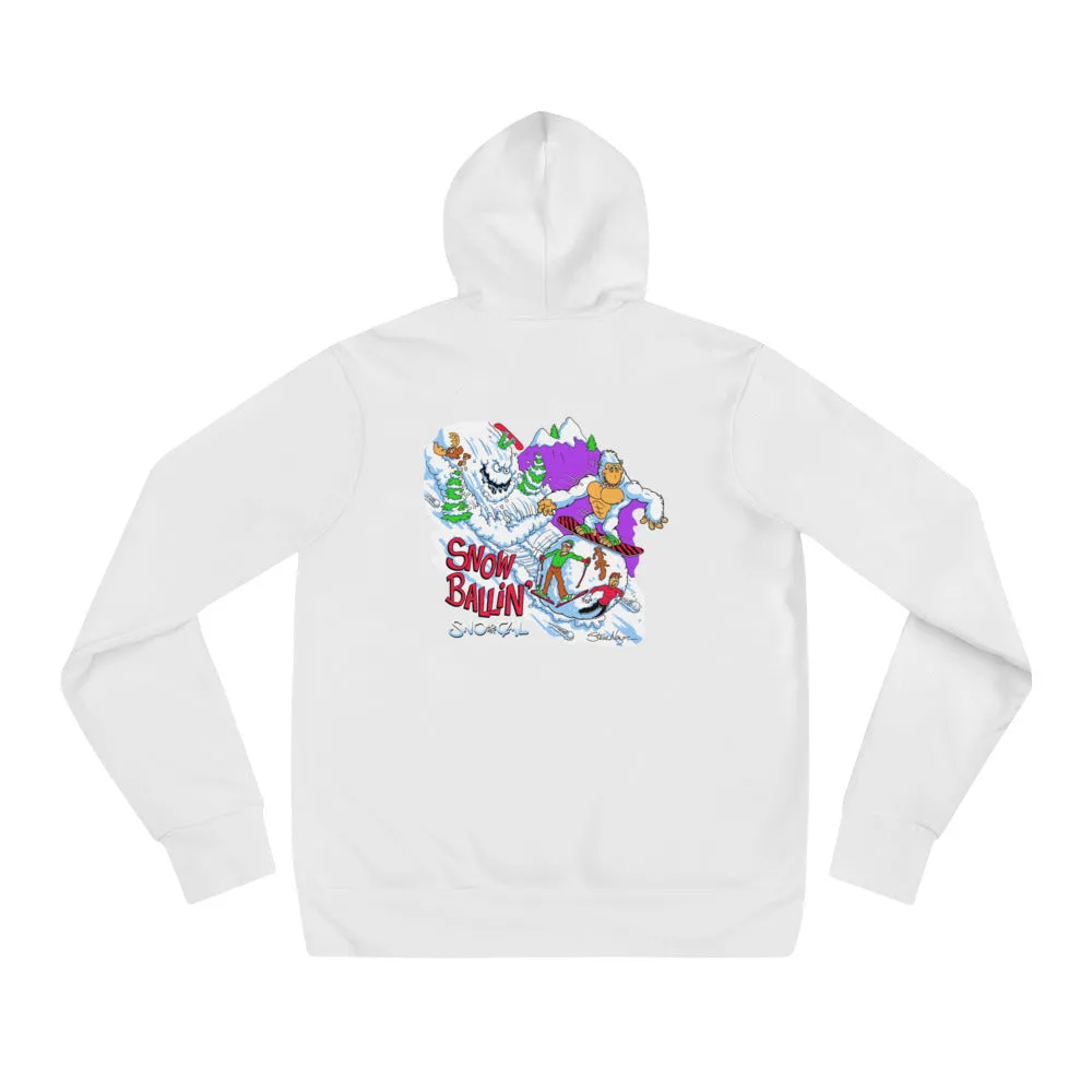 Snorilla Snow Ballin' snowboard white hoodie.