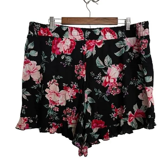 Torrid Womens NWT Black Floral Pockets Ruffle 5 Inch Gauze High-Rise Shorts 2X