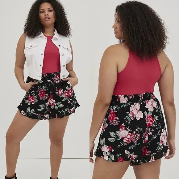 Torrid Womens NWT Black Floral Pockets Ruffle 5 Inch Gauze High-Rise Shorts 2X