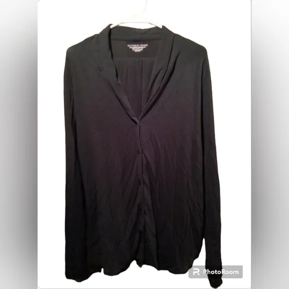 VS Black Lace Trim Button Up Long Sleeve Lightweight PJs Full Set