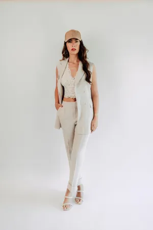 Women - Miami Taupe Vest Double Breasted Linen Suit