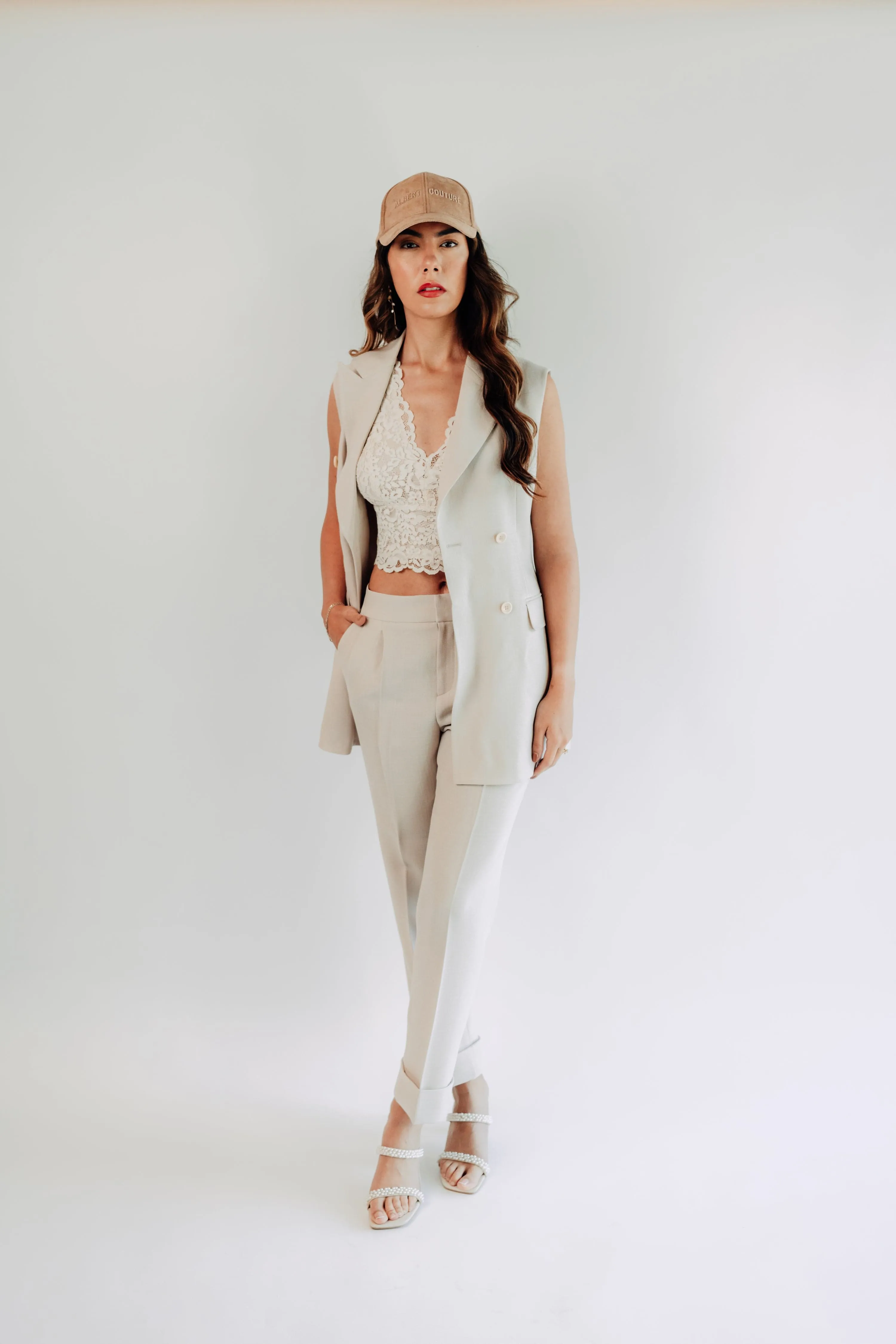 Women - Miami Taupe Vest Double Breasted Linen Suit